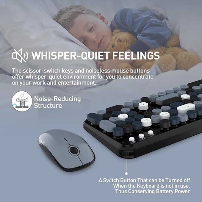 FOPETT Wireless Keyboard and Mouse Combo 105 Keys Full-Sized 2.4 GHz Round Keycap Colorful Keyboards USB Receiver Plug and Play for Windows Mac PC Laptop Desktop (Grey Colorful)