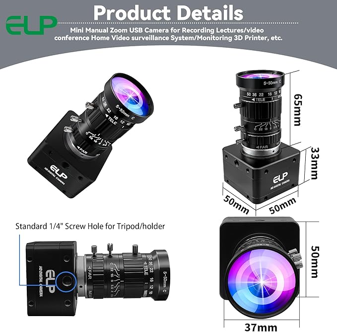 ELP High Speed 4K 60FPS USB Camera Manual Zoom Webcam for Computer Mini UVC 2160P USB3.0/2.0 Lightburn Cameras for Windows Linux Mac Pi 5-50mm 10X Varifocal IMX678 Web Cam for Laptop Jetson Nano
