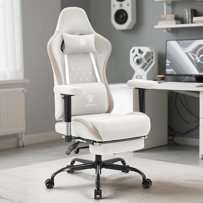 Gaming Chair Breathable FabricComputer Office Chair with FootrestMassage Lumbar Support and Gel PadErgonomic Reclining Gamer Chair with Adjustable Armrests and Spring Cushion Beige