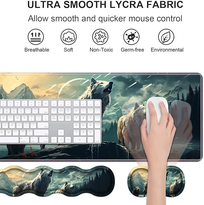 Ergonomic Keyboard Wrist Rest &amp Mouse Pad Wrist Rest Set Large XXL Gaming Desk Mat 31.5x 11.8 with Non-Slip Base Memory Foam Easy Typing Pain Relief for Home &amp Office White Wolf