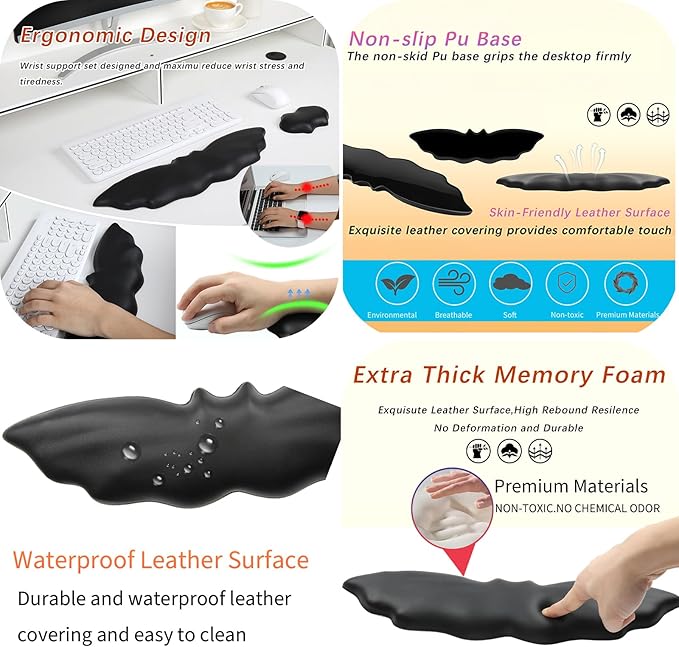 Keyboard Wrist Rest - Soft Leather Halloween Bat Wrist Pad for Mouse Wrist Rest with Non-Slip Base Wrist Pad for KeyboardArm Rest for Desk Computer Laptop Mac Gaming Office Black