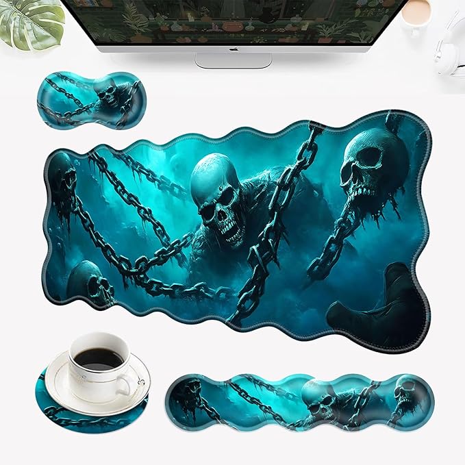 Desk Mat Mouse Pad with Wrist Rest 4-in-1 Large Mouse Pads for Desk Ergonomic Mouse Pad and Keyboard Wrist Rest Gaming Keyboard Mat for OfficeCool Skulls