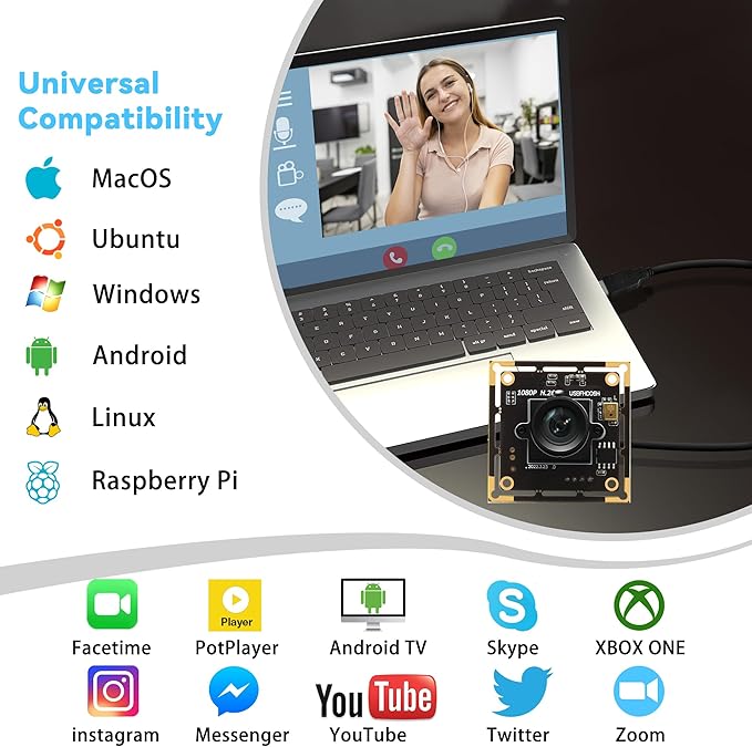 1080P Low Light USB Camera Module for Computer 2MP H.264 30fps Wide Angle Mini UVC USB2.0 Webcam Board with Microphone Embedded Industrial Camera Plug and Play for Windows Linux MacOS Raspberry Pi