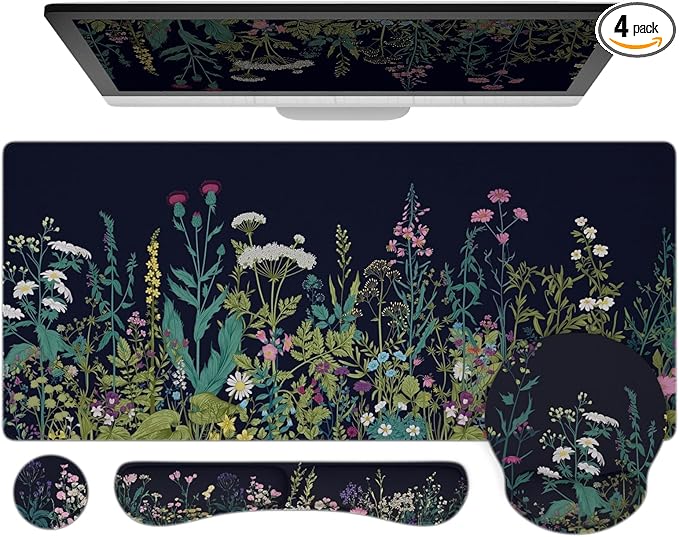 Ovenbird Mouse Pad Set 4-in-1 | Large Gaming Mousepad Keyboard Wrist Rest Mouse Wrist Support Coaster | Ergonomic Office Desk Mat Accessories for Women Men | 4PCS 35.4 x 15.7in Black Floral