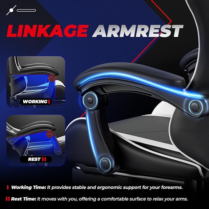 Auto Dynasty Ergonomic Gaming Chair High-Back Office Chair w/Adjustable Lumbar Support Linkage Armrest Headrest &amp Footrest 350LBS Recliner Swivel Computer Game Racing Chair White/Black