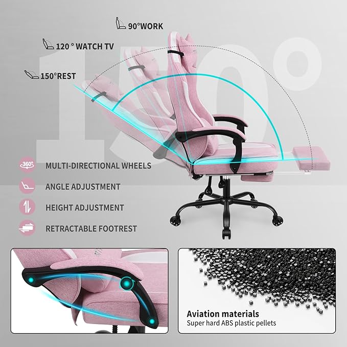 Gaming Chair Fabric with Pocket Spring CushionErgonomic Computer Office Chair Cloth with Footrest and HeadrestHigh Back Game Chair with Lumbar SupportAdjustable Backrest for AdultsPink