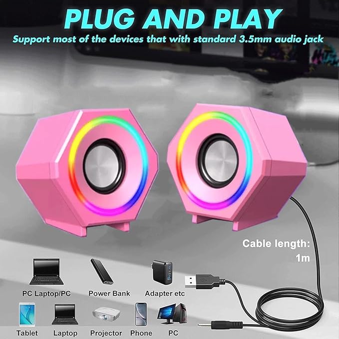 Generic RGB Computer Speaker Game led Speaker for Desktop/Tablet Computer/Laptop/Gaming Notebook for PC 2.0 Wired USB Powered Stereo Volume Control Multimedia AUX 3.5mm Pink