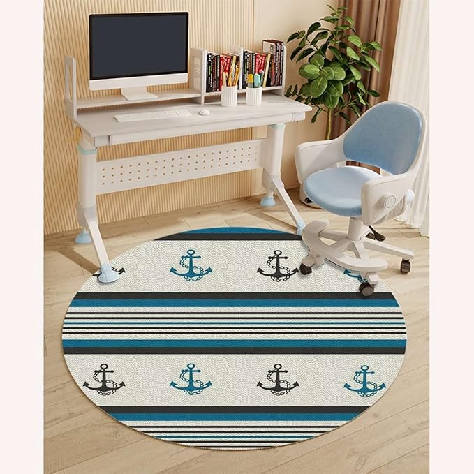 Pale Blue White PU Leather Gaming Chair Mat Round Floor Mats Marine Anchor Striped Background Office Chair Computer Gaming Desk Mat for Rolling Chair Non-Slip Gaming Rug Anchor Diameter 39.4 in