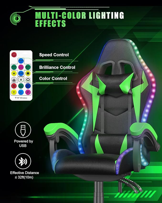 Gaming Chair with RGB LED Lights Ergonomic Computer Chair with Headrest and Lumbar Support PU Leather High Back Height Adjustable Swivel Video Game Chairs for Adults(Green)