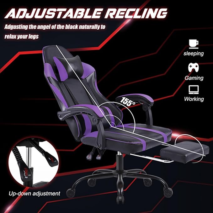Gaming Chair Ergonomic Office Chair with Linkage Armrests High Back Computer Desk Chair with Retractable Footrest &amp Adjustable Headrest 350 lbs Capacity (Purple)