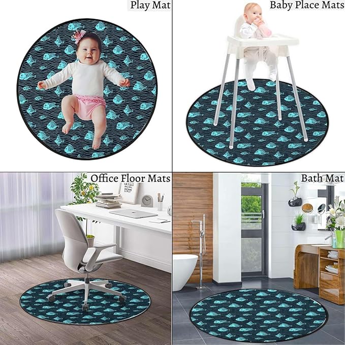 Navy Turquoise Office Chair Mat Hardwood Floor Computer Desk Mat Anti-Slip Gaming Chair Mat Round Floor Mat Durable Floor Protector Nautical Ocean Life Maritime Creature Diameter 59 in