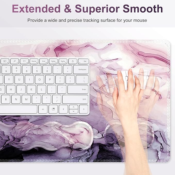 Gaming Mouse Pad Keyboard Wrist Support 4 in1 Mousepad Set with Wrist Keyboard Rest Computer Desk Mat Non-Slip Desk Pad Protector with Memory Foam Easy Typing Pain Relief I Purple Marble