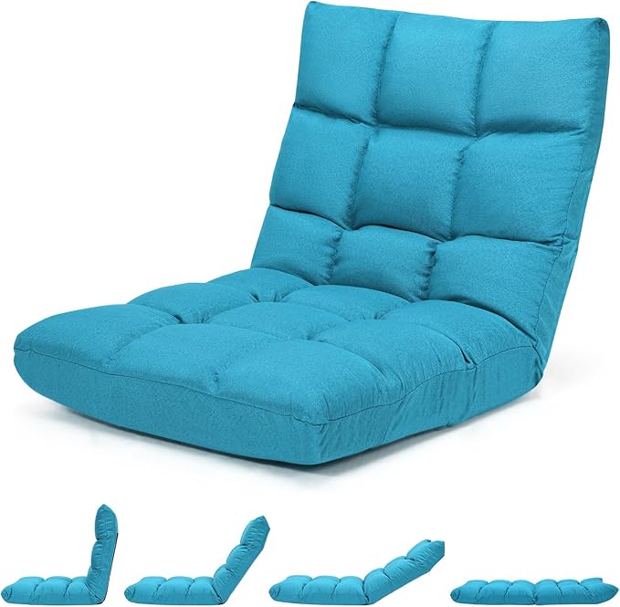 MAT EXPERT 14-Position Floor Chair Floor Gaming Chair w/Resilience Sponge Alloy Steel Frame Padded Bed Couch Recliner Floor Chair with Back Support for Reading Meditating (Peacock Blue)