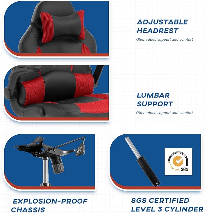 Gaming Chairs for Adults PU Leather Swivel Rolling Adjustable Game Chair with Lumbar Support Flip Up Arms Headrest for Adults Women Men Video Game Chairs Ergonomic Gaming Chair