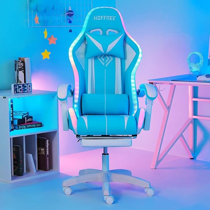 RGB Gaming Chair with LED Lights Massage Game Chair with Footrest Ergonomic Computer Chair High Back Video Game Chair with Adjustable Lumbar Support Linkage Armrest Blue and White