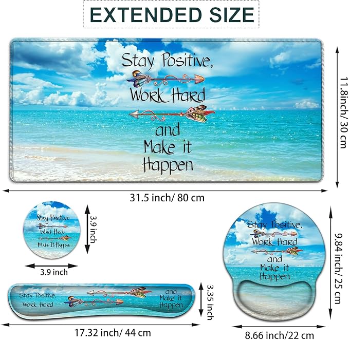 Large Mouse Pad Ergonomic Mouse Pad with Wrist Rest and Keyboard Wrist Rest 4 in 1 Set 31.5 x11.8 inch Extended Desk Pad for Home Office Stay Positive Work Hard and Blue Sky Ocean Gaming Mouse Mat