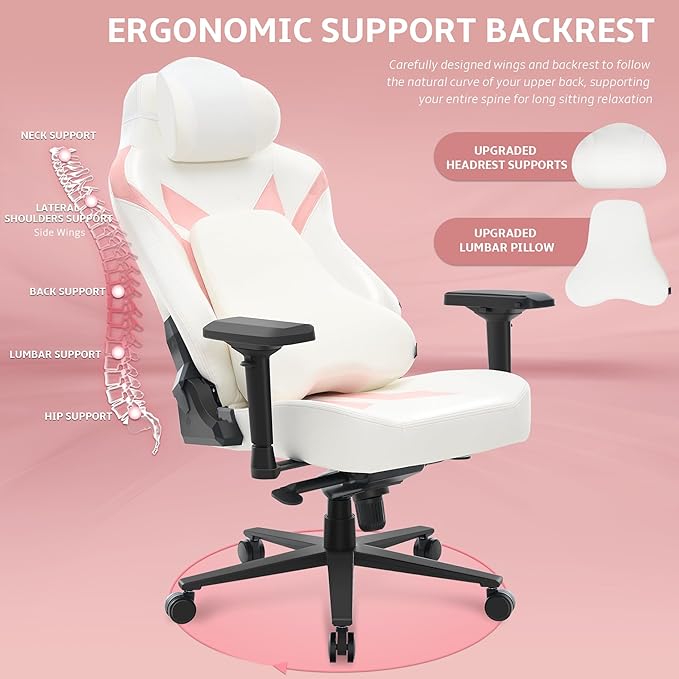 Ergonomic Gaming Chair Computer Desk Chairs 4D Armrests High Back Office Chair with Headrest &amp Lumbar Pillow Tilt Rocker Recliner Heavy-Duty Base White PU Leather &amp Pink Suede Comb
