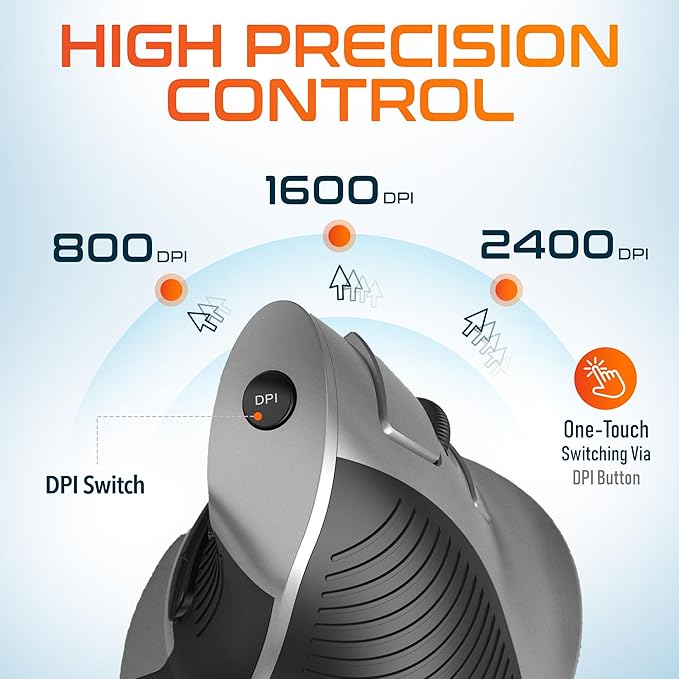 Delton S22 Vertical Wireless Mouse Ergonomic Design 2.4G USB Dongle 6 Buttons 3 Adjustable DPI Levels (800/1600/2400) Removable Palm Rest Silent Click &amp Durable for PC Laptop MacBook - Bla