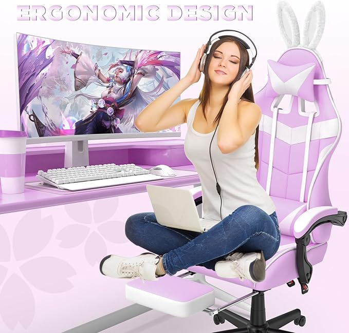 Soontrans Light Purple Gaming Chair with FootrestLovely Cute Bunny Computer Gamer ChairKawaii Desk Chair for GranddaughterSisterGirlfriendWife and Love