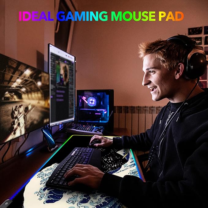 RGB Gaming Mouse Pad Large AIMSA Keyboard Led Mousepad Extended 35.4 x 15.8 inch Non-Slip Rubber Base with 14 Lighting Modes Big Desk Mat Waterproof Big Waves