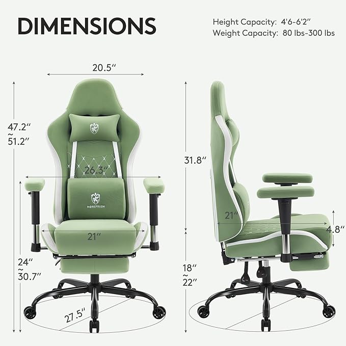 Gaming Chair Breathable FabricComputer Office Chair with FootrestMassage Lumbar Support and Gel PadErgonomic Reclining Gamer Chair with Adjustable Armrests and Spring Cushion Green