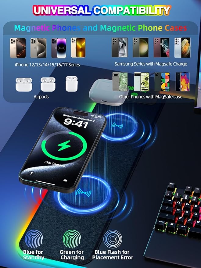 RGB Desk Mat with 15W Fast Charging Mouse Pad Wireless Charging Large Gaming Mousepad for Desk Pad Waterproof Non-Slip