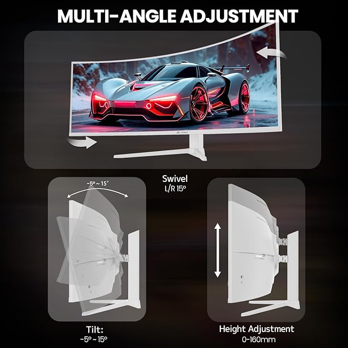 CRUA 49 White Curved Monitor | DQHD(5120 * 1440) 120Hz 1500R 32:9 AMD FreeSync 120% sRGB Height Adjustable Ultra-Wide Screen Computer Monitors HDMI 2.1 &amp DP 1.4 Wall Mount Install