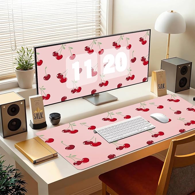Cute Kawaii Cherry Office Desk Mat 23.6''X11.8''Pretty Design Desktop Mat Pu Leather Large Mouse Pad Aesthetic Mousepad Non-Slip Table Mat for Girls Women Home Work Computer Game