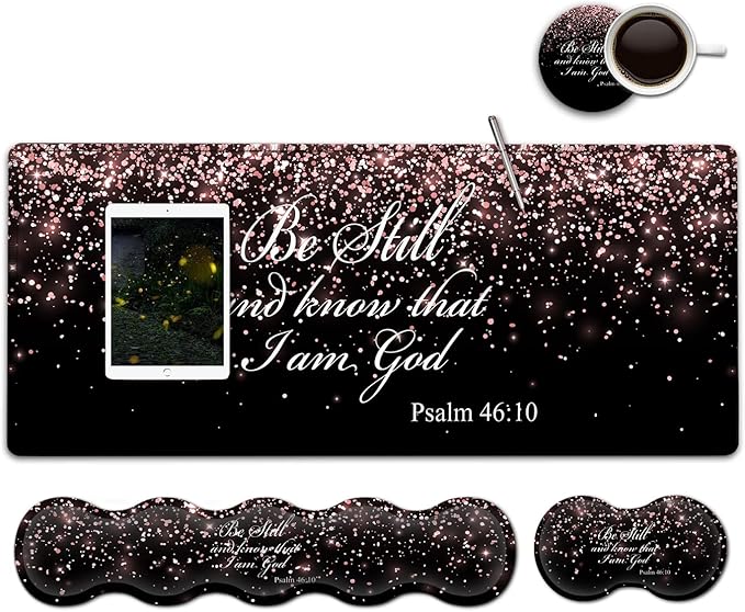 Large Gaming Mouse PadExtended Office Desk MatWaterproof Desk Writing Pad for Office/Home Ergonomic Mouse &ampKeyboard Wrist RestPsalm 46：10 Rose Gold Glitter Laptop Desk Pad Black Mousepad Wrist