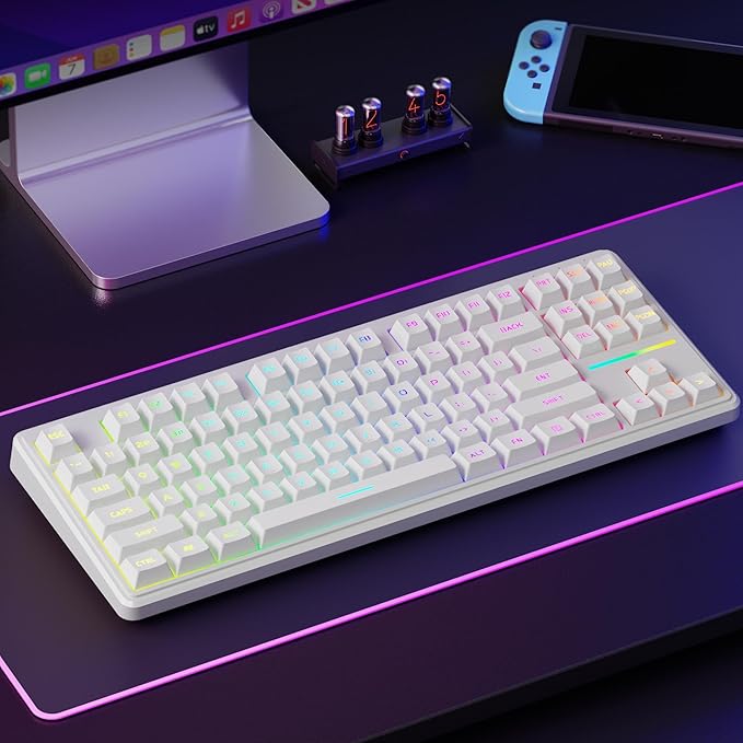 V80 Wired TKL RGB Gaming Keyboard 80% Compact Layout with PBT Keycaps Whisper Quiet Membrane Switch 26-Key Anti-Ghosting Ergonomic Computer Keyboard for Laptop PC Gamer - White