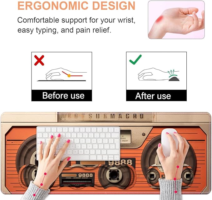Ergonomic Keyboard Wrist Rest &amp Mouse Pad Wrist Rest Set Large XXL Gaming Desk Mat 31.5x 11.8 with Non-Slip Base Memory Foam Easy Typing Pain Relief for Home &amp Office Retro Tape Recorder