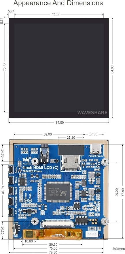 waveshare 4inch HDMI Capacitive Touch IPS LCD Display Compatible with Raspberry Pi 4B/3B+/3A+/2B/B+/A+/Zero/Zero W/WH/Zero 2W CM3+/4 720×720 Resolution Supports Jetson Nano/Windows