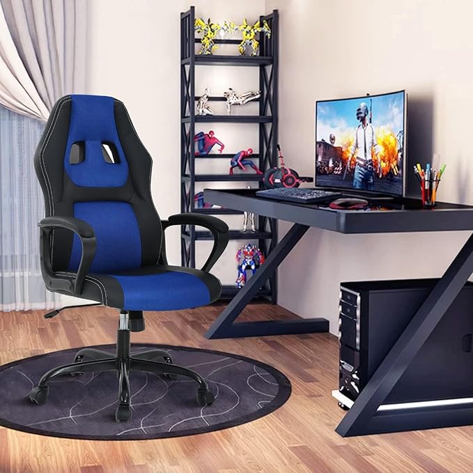 Executive PC Gaming Chair with Lumbar Support &amp Headrest - Ergonomic Leather Racer Task Chair for Home Office Gaming Room - Heavy Duty &amp Comfortable (Blue)