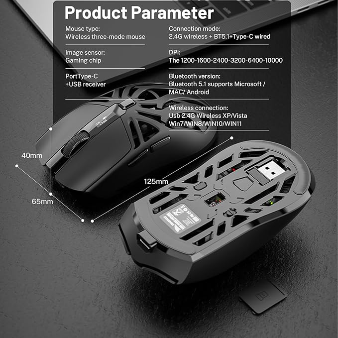 Wireless Gaming Mouse 10000 DPI Tri-Mode 2.4GHz/Bluetooth/Wired Mouse 6 Buttons Digital Display Silent Mice Rechargeable Customizable Macro and RGB Backlight for PC/Mac/Laptop (Black)
