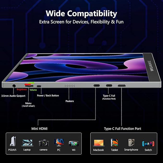 WUAWE 16 Portable Monitor for Laptop 1920x1200P Plug&ampPlay USB-C HDMI IPS HDR Freesync Gaming Monitor External Monitor for PC Mac Phone PS5 Switch(Silver)