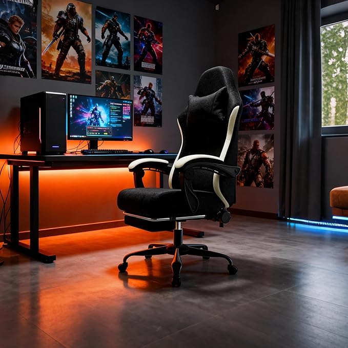Ergonomic Gaming Chair with Pocketed Spring Cushion Breathable Fabric Computer Chair with Footrest Adjustable Lumbar Support Video Game Chair for Adults