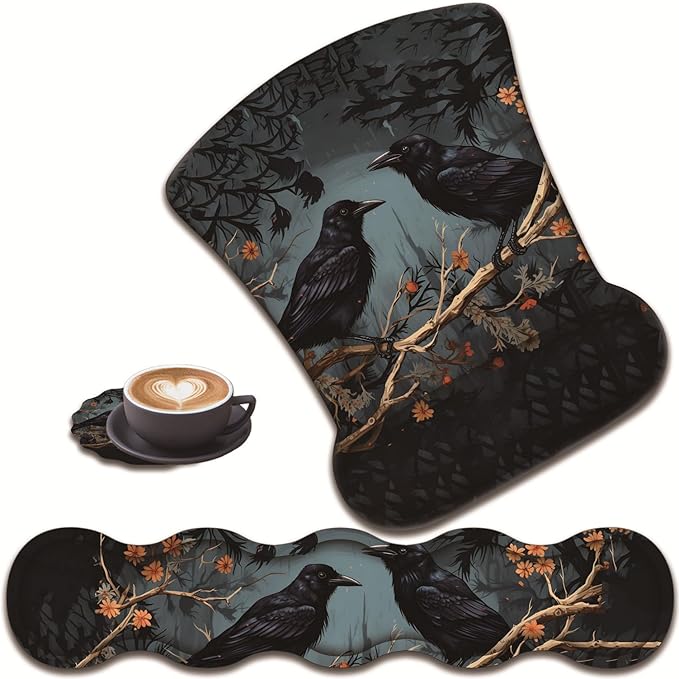 3 in 1 Keyboard Wrist Rest + Mouse Pad and Coaster Ergonomic Gel Mouse Pad and Keyboard Pad Set Comfortable Lightweight for Easy Typing Pain Relie Branch Crow