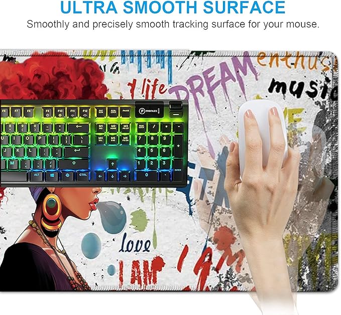 African Black Woman Graffiti Girls Desk Mat Extended White Laptop Table Protector Ergonomic Mouse Pad with Keyboard Wrist Rest Support