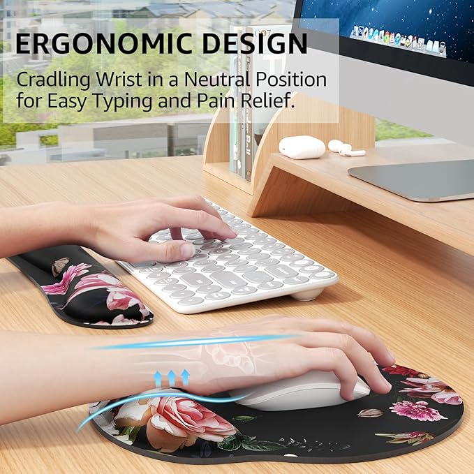 KTRIO Ergonomic Keyboard Wrist Rest Memory Foam Mouse Pad with Wrist Rest for Computer Keyboard Mouse Pad Set for Easy Typing &amp Pain Relief for Office &amp Home Peony Flower