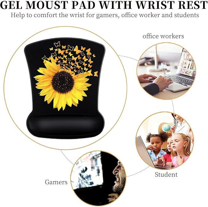 Ergonomic Mouse Pad Wrist Support Gel and Keyboard Wrist Rest Set Sunflowers and Butterflies in Bloom Design for Laptop Mac Gaming and Office Durable Comfortable and Pain Relief + Coaster