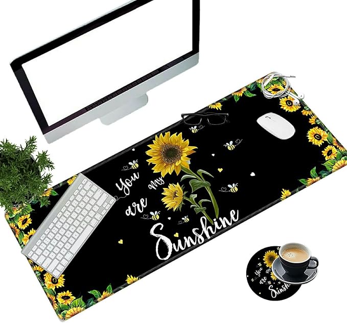 Desk Pad Mat Large Mouse Pad XL Extended Mousepad Gaming with Sunflower 31.5 *11.8 Huge Mouse Pads for Computer Laptop Home Office + Cup Coaster You are My Sunshine