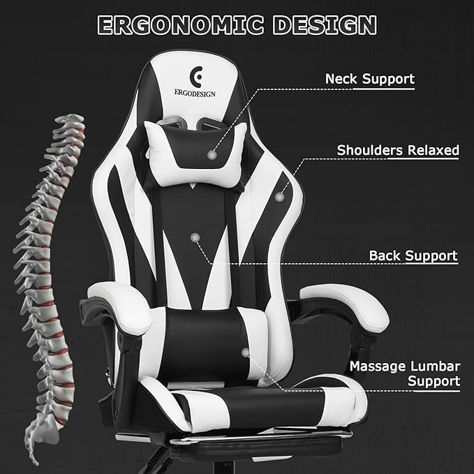 Gaming Chair with Linkage Armrest &amp Footrest High Back Video Gaming Chair Black/White