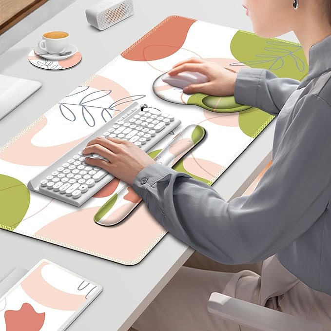 Gaming Mouse Pad Large Desk Mat Cute Desk Pad Protector 4 in1 XXL Mousepad + Keyboard Wrist Rest+Mouse Wrist Rest+Coaster Set with Ergonomic Desk Pad for Home Office Table Computer Pink Rose