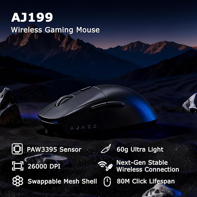 FIRSTBLOOD ONLY GAME. AJ199 Wireless Gaming Mouse PAW3395 Sensor 26000 DPI 60g Ultra-Lightweight Stable No-Dropout Connection 80M Clicks for FPS/MOBA &amp Long Sessions(Black)