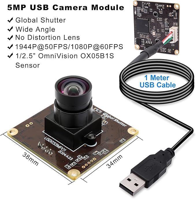 5MP Global Shutter USB Camera Module High Speed 60fps 1080P PC Webcam with No Distortion Lens Lightburn Camera UVC for Computer Laptop Android and Raspberry Pi