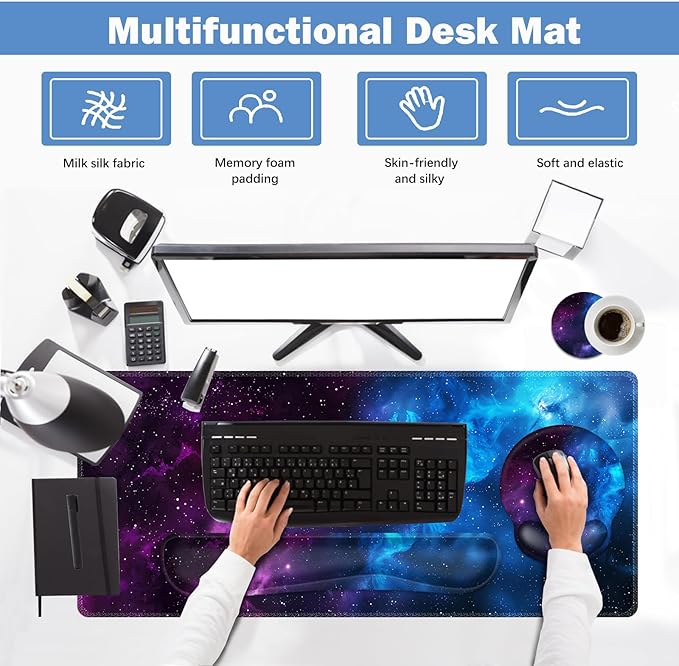 ARTSO Large Mouse Pad and Keyboard Wrist Rest Ergonomic Mouse Pad with Wrist Support Non-Slip Desk Mat Protector for Office Home -Blue Purple Cosmic Nebula