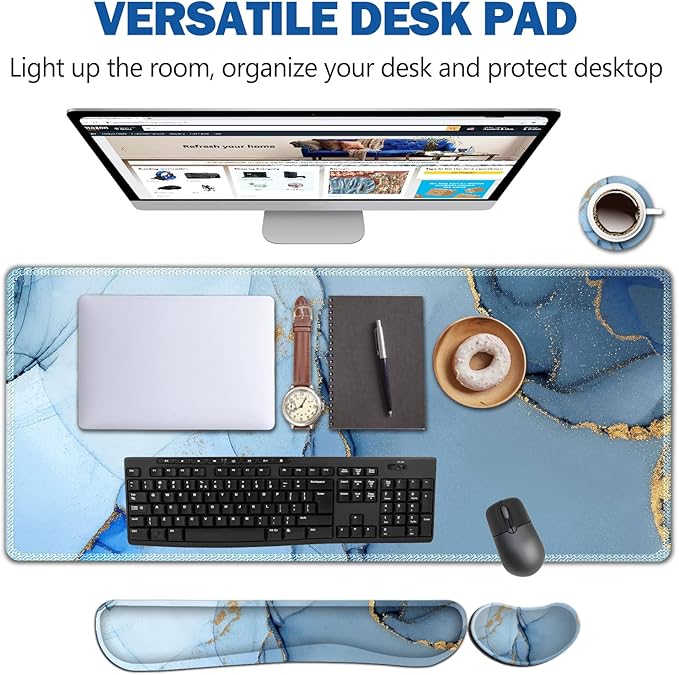 AIMSA Large Gaming Mouse Pad Set Keyboard Wrist Rest Support Mouse Pad Ergonomic Memory Foam Multifunctional Extended Desk Mat 35x15.7in Anti-Slip Rubber Base for Office Home Blue Marble