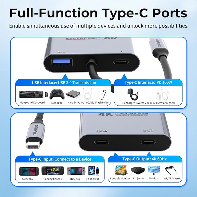 Guermok 4-in-1 Dual USB-C Display Hub 4K@60Hz Video PD 100W Fast Charging &amp USB 3.0 5Gbps Compatible with AR Glasses Switch 2 Laptops Portable Monitors &amp Type-C Displays（Silver）