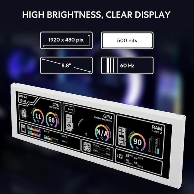 8.8 Inch Universal Screen for PC Universal 1920x480 178 Wide Viewing Angle PC Temperature Display Panel Adjustable Mounting CPU GPU Data Temperature Sensor Panel (White)