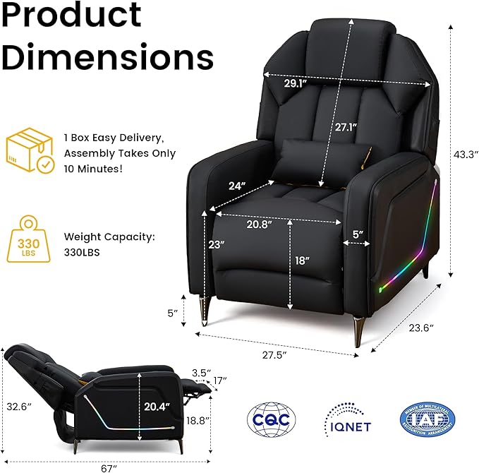 SAMERY Gaming Recliner Chair Push-Back Reclining Gaming Chair with Extended Footrest LED Light Pockets Lumbar Pillow Modern Ergonomic Recliner Sofa for Game Room Living Room (Black Recliner)